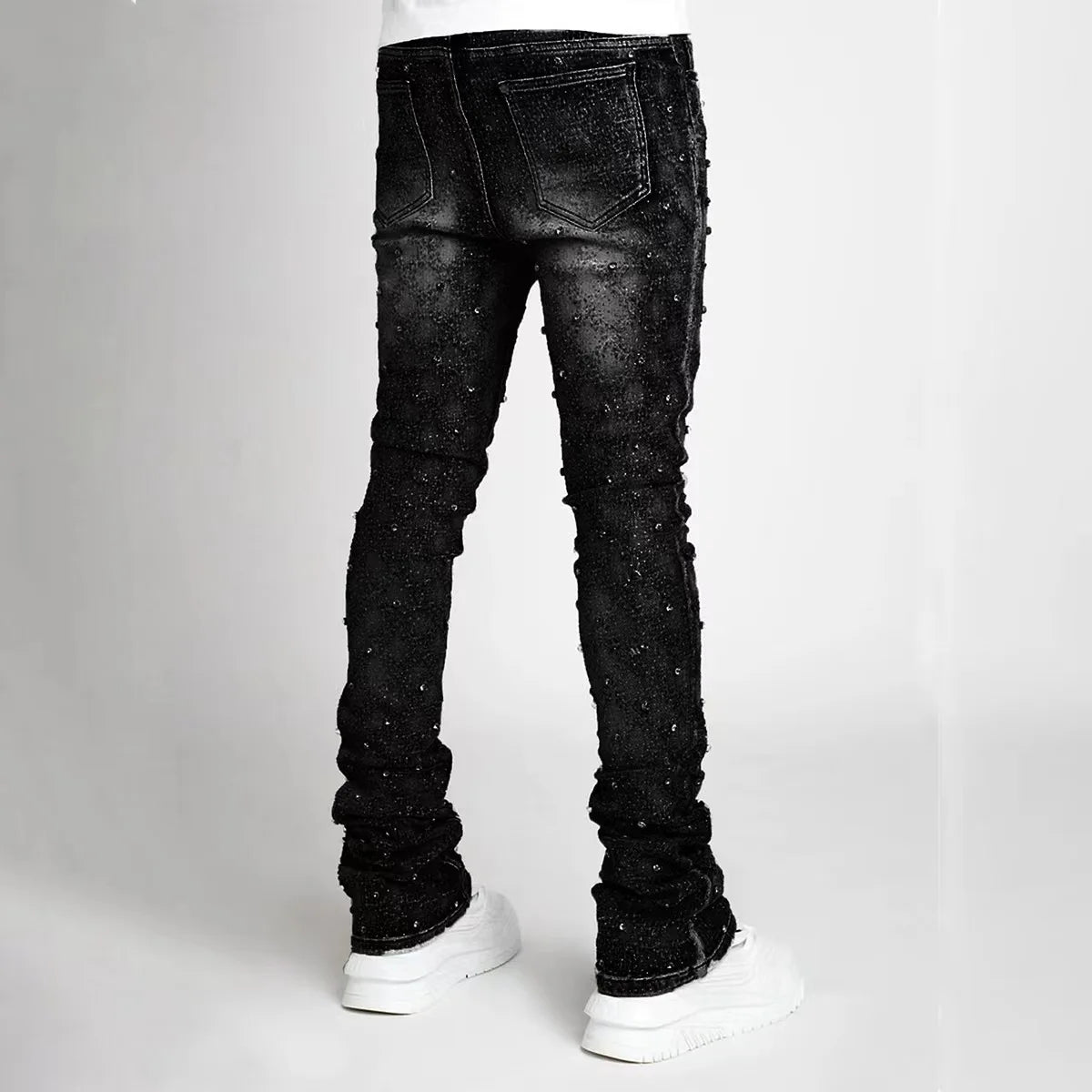 Stretchy Personality Stacked Denim Pants 2024 New Fashion Pearls Fashion Rhinestone European Street Skinny Jeans For Men